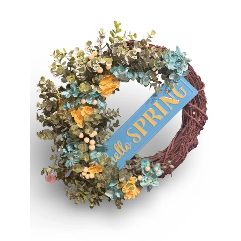 Colorful Spring Wreath; Faux Floral Door Accent; Turquoise and Yellow Wreath